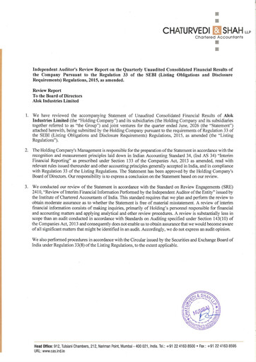 Thumbnail Alok Industries Quarterly Report 2026-q1