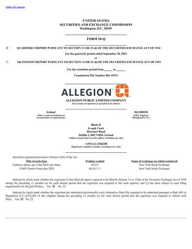 Thumbnail Allegion
 Quarterly Report 2022-q3