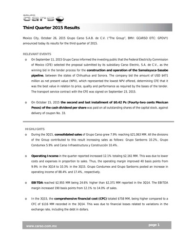 Thumbnail Grupo Carso Quarterly Report 2015-q3
