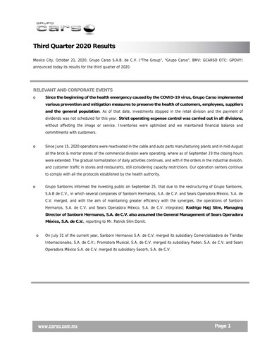Thumbnail Grupo Carso Quarterly Report 2020-q3