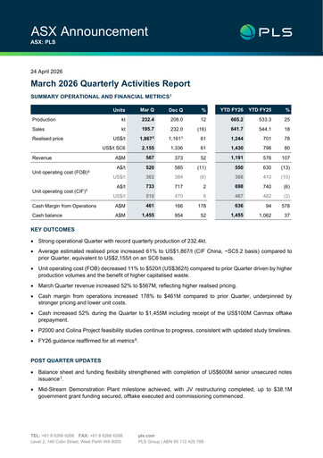 Thumbnail Pilbara Minerals Quarterly Report 2026-q3