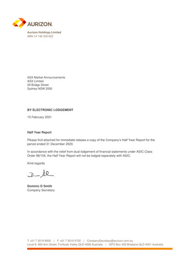 Thumbnail Aurizon Holdings Half-year Report 2020-2021