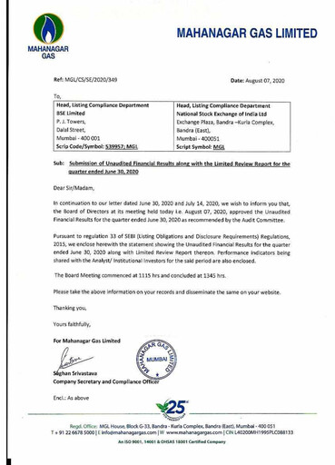 Vorschaubild Mahanagar Gas Quartalsbericht 2020-q1