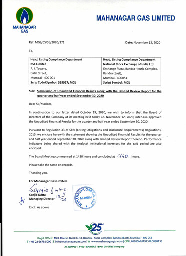 Vorschaubild Mahanagar Gas Quartalsbericht 2020-q2