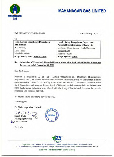 Vorschaubild Mahanagar Gas Quartalsbericht 2020-q3