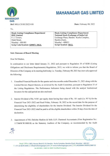 Vorschaubild Mahanagar Gas Quartalsbericht 2021-q3