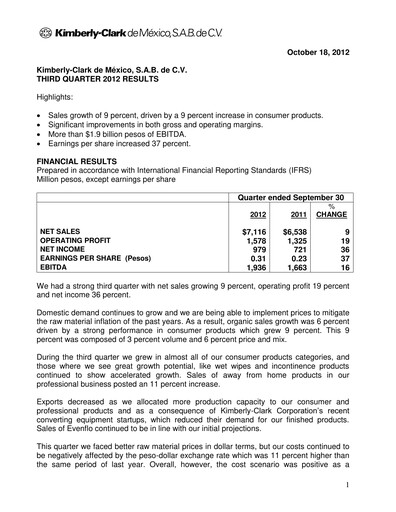 Thumbnail Kimberly-Clark de México Quarterly Report 2012-q3