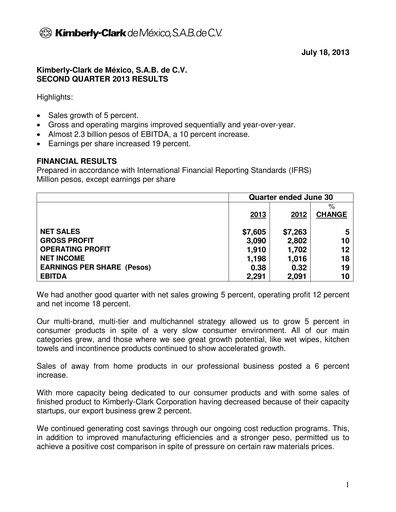 Thumbnail Kimberly-Clark de México Quarterly Report 2013-q2
