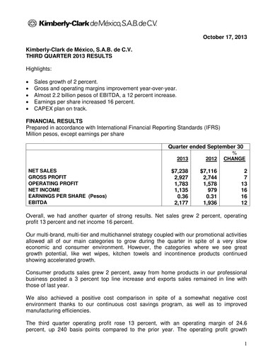 Thumbnail Kimberly-Clark de México Quarterly Report 2013-q3