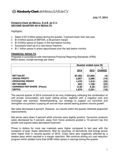 Thumbnail Kimberly-Clark de México Quarterly Report 2014-q2