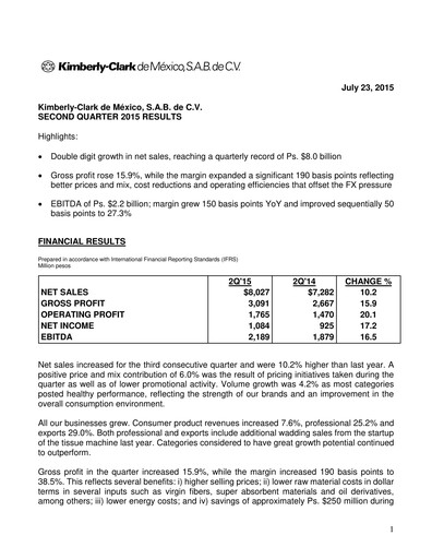 Thumbnail Kimberly-Clark de México Quarterly Report 2015-q2