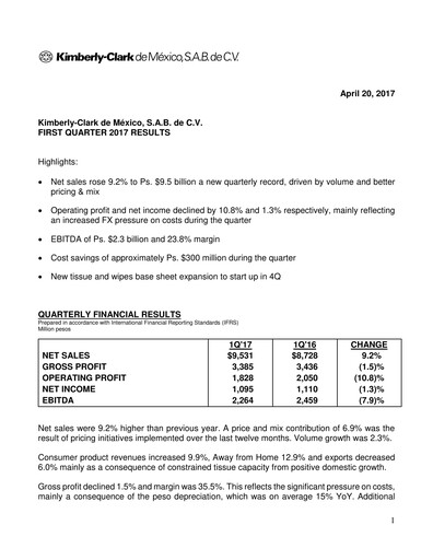 Thumbnail Kimberly-Clark de México Quarterly Report 2017-q1
