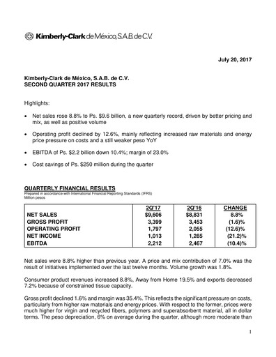 Thumbnail Kimberly-Clark de México Quarterly Report 2017-q2