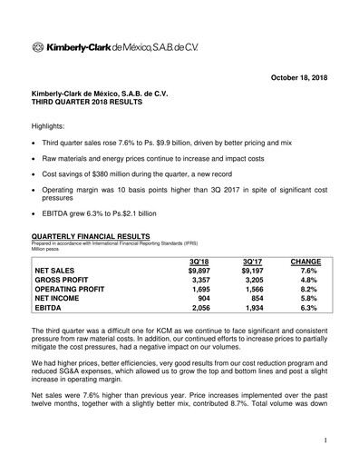 Thumbnail Kimberly-Clark de México Quarterly Report 2018-q3