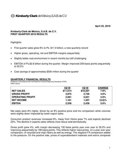 Thumbnail Kimberly-Clark de México Quarterly Report 2019-q1