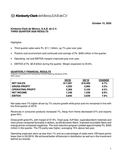 Thumbnail Kimberly-Clark de México Quarterly Report 2020-q3
