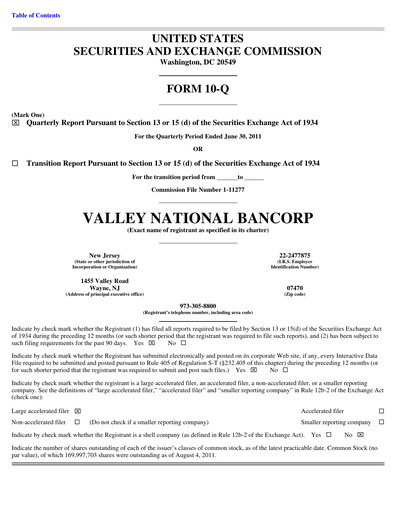 Thumbnail Valley Bank Quarterly Report 2011-q2