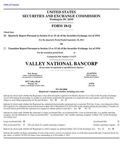 Thumbnail Valley Bank Quarterly Report 2011-q3