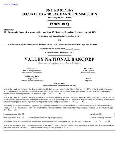Thumbnail Valley Bank Quarterly Report 2012-q3