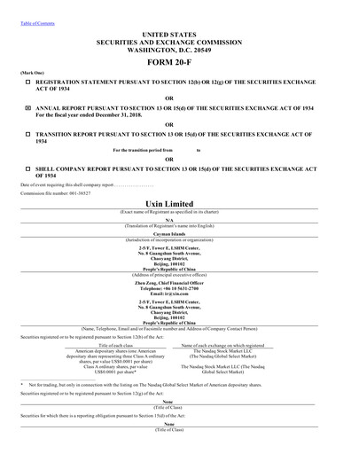 Miniature Uxin Limited Rapport annuel 2018