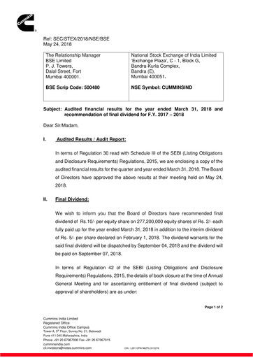 Thumbnail Cummins India Financial Statement 2017-2018