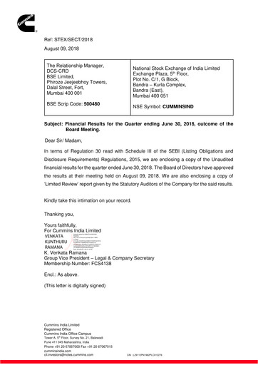 Thumbnail Cummins India Quarterly Report 2018-q1