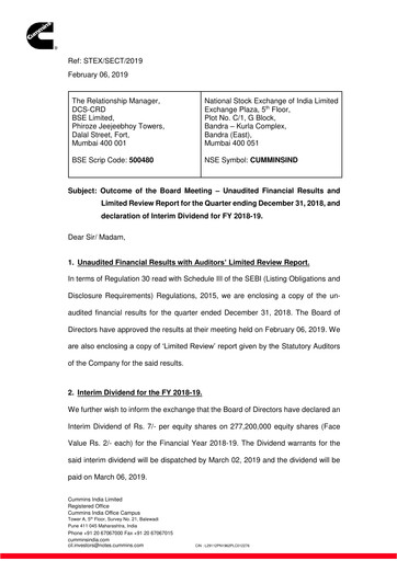 Thumbnail Cummins India Quarterly Report 2018-q3