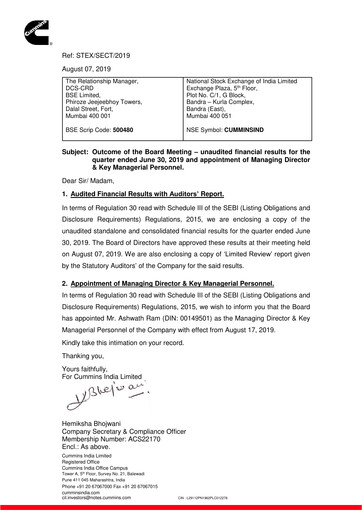 Thumbnail Cummins India Quarterly Report 2019-q1