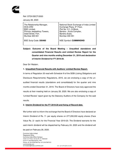Thumbnail Cummins India Quarterly Report 2019-q3