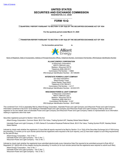 Vorschaubild Alliant Energy Quartalsbericht 2020-q1