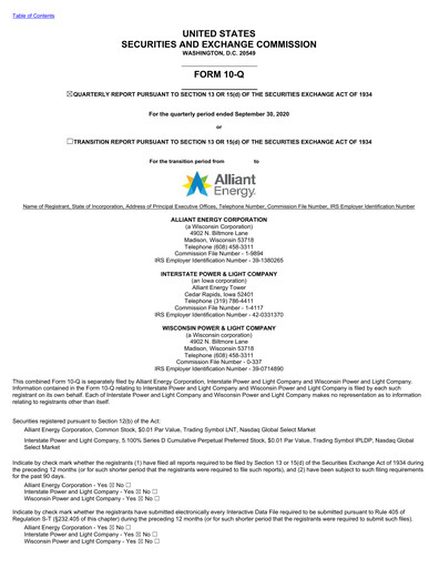 Vorschaubild Alliant Energy Quartalsbericht 2020-q3