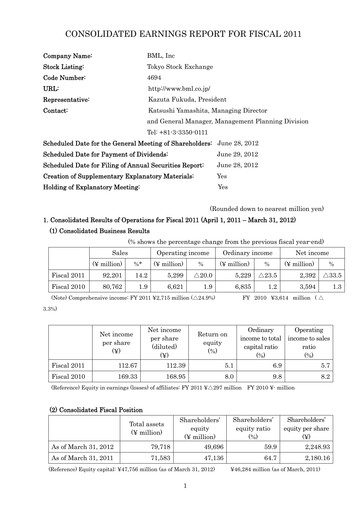 Thumbnail BML, Inc. Financial Statement fy2011