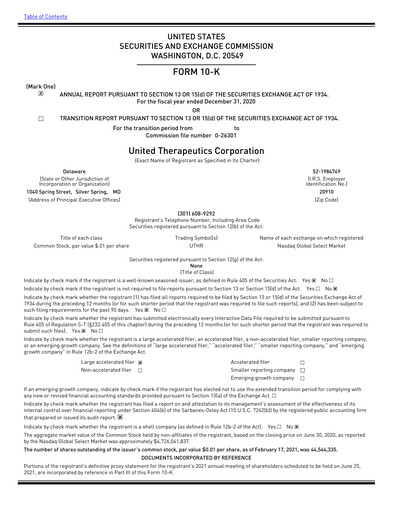 Miniature United Therapeutics Rapport annuel 2020