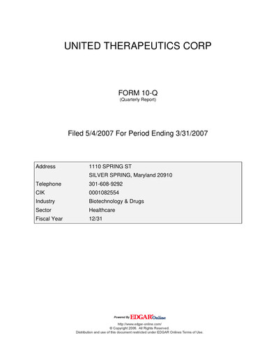 Miniature United Therapeutics Rapport trimestriel 2007-q1