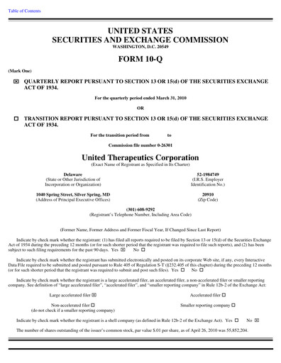 Miniature United Therapeutics Rapport trimestriel 2010-q1
