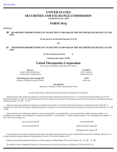 Miniature United Therapeutics Rapport trimestriel 2018-q3