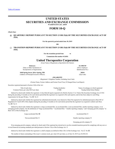 Miniature United Therapeutics Rapport trimestriel 2019-q2