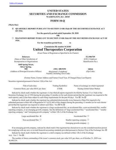 Miniature United Therapeutics Rapport trimestriel 2020-q3