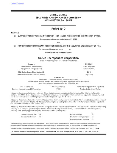 Miniature United Therapeutics Rapport trimestriel 2022-q1