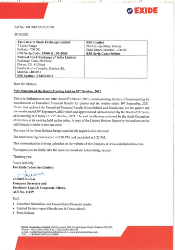 Thumbnail Exide Industries
 Quarterly Report 2021-q3