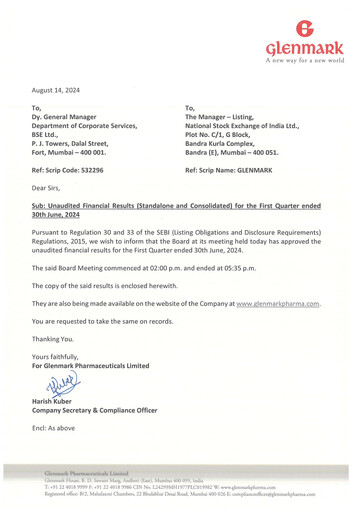 Thumbnail Glenmark Pharmaceuticals
 Quarterly Report 2024-q1