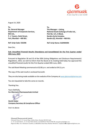 Thumbnail Glenmark Pharmaceuticals
 Quarterly Report 2025-q1