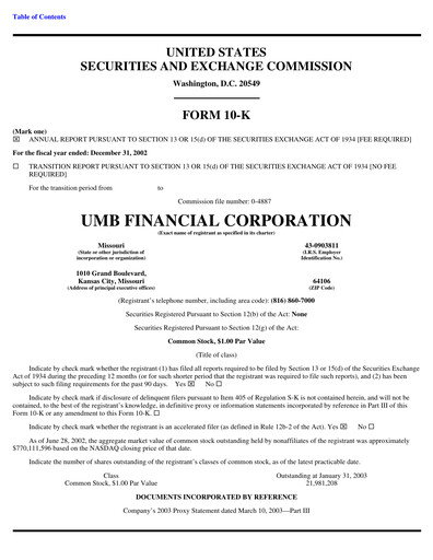 Vorschaubild UMB Financial Jahresbericht 2002