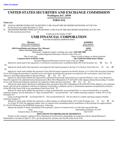 Vorschaubild UMB Financial Jahresbericht 2010