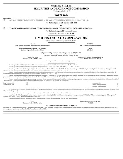 Thumbnail UMB Financial Annual Report 2018