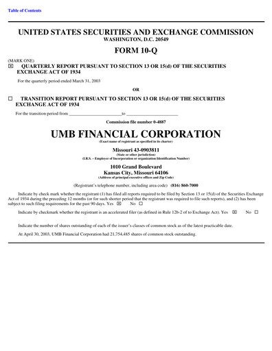 Vorschaubild UMB Financial Quartalsbericht 2003-q1