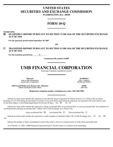 Vorschaubild UMB Financial Quartalsbericht 2007-q3