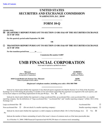 Vorschaubild UMB Financial Quartalsbericht 2008-q3