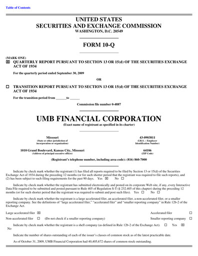 Vorschaubild UMB Financial Quartalsbericht 2009-q3