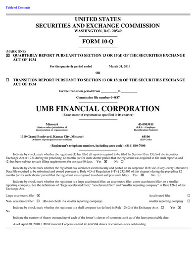 Vorschaubild UMB Financial Quartalsbericht 2010-q1